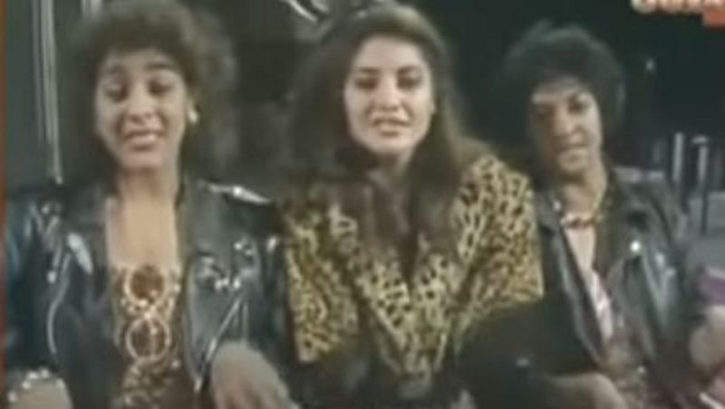 Meera Syal (left) with Nazia Hassan (center) and Rita Wolf (right) in the music video 'Then He Kissed Me'