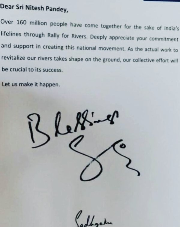 Nitesh Pandey was appreciated by Sadhguru for his participation in Save The Rivers Campaign