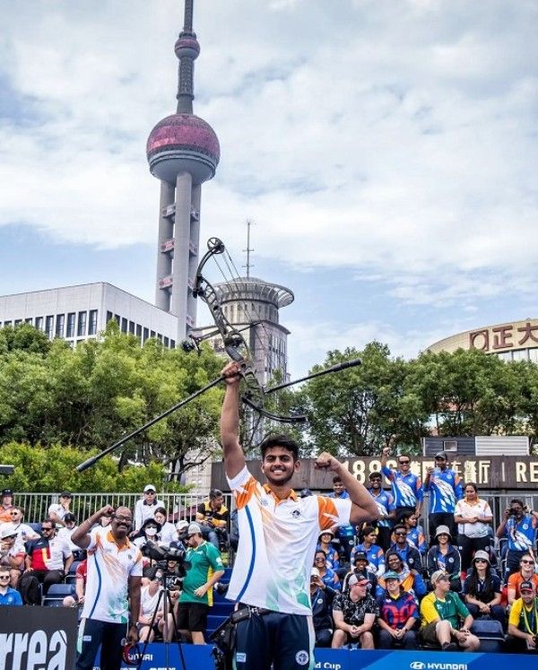 Prathamesh Jawkar celebrating his win over world number 1, Mike Schloesser, in Shanghai 2023 Hyundai Archery World Cup Stage 2 tournament