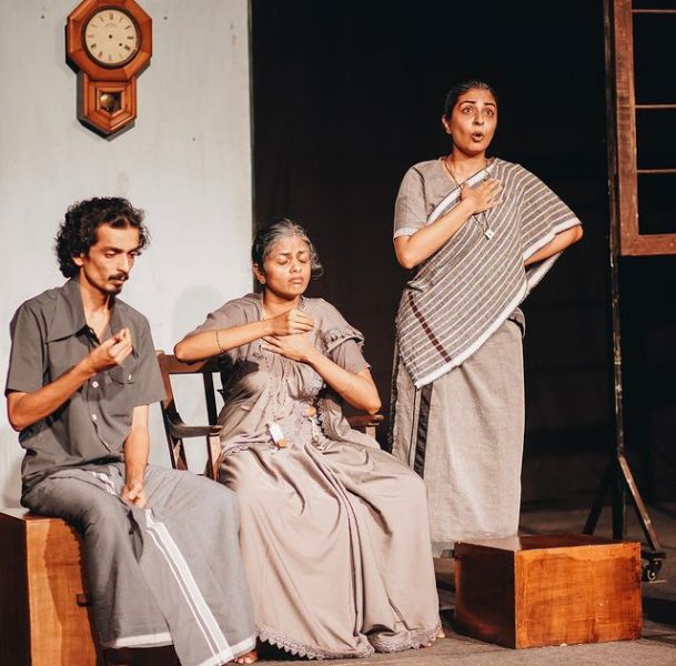 Rajesh Madhavan (extreme left) as 'Maheshinte Prathikaaram' in a still from the theatrical production 'A Very Normal Family' (2019)