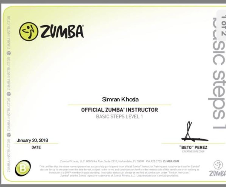 Zumba Instructor certificate of Simran Khosla
