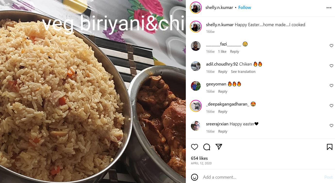  Shelly Kishore's Instagram post about her food habits