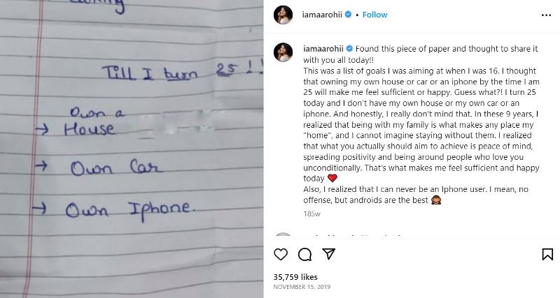 Aarohi Patel's Instagram post about her handwritten note
