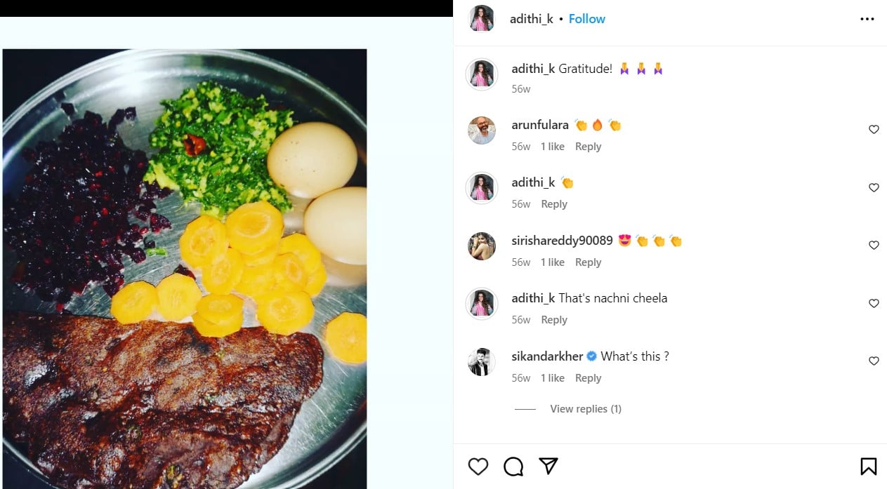 Adithi Kalkunte's Instagram post about her eating habits