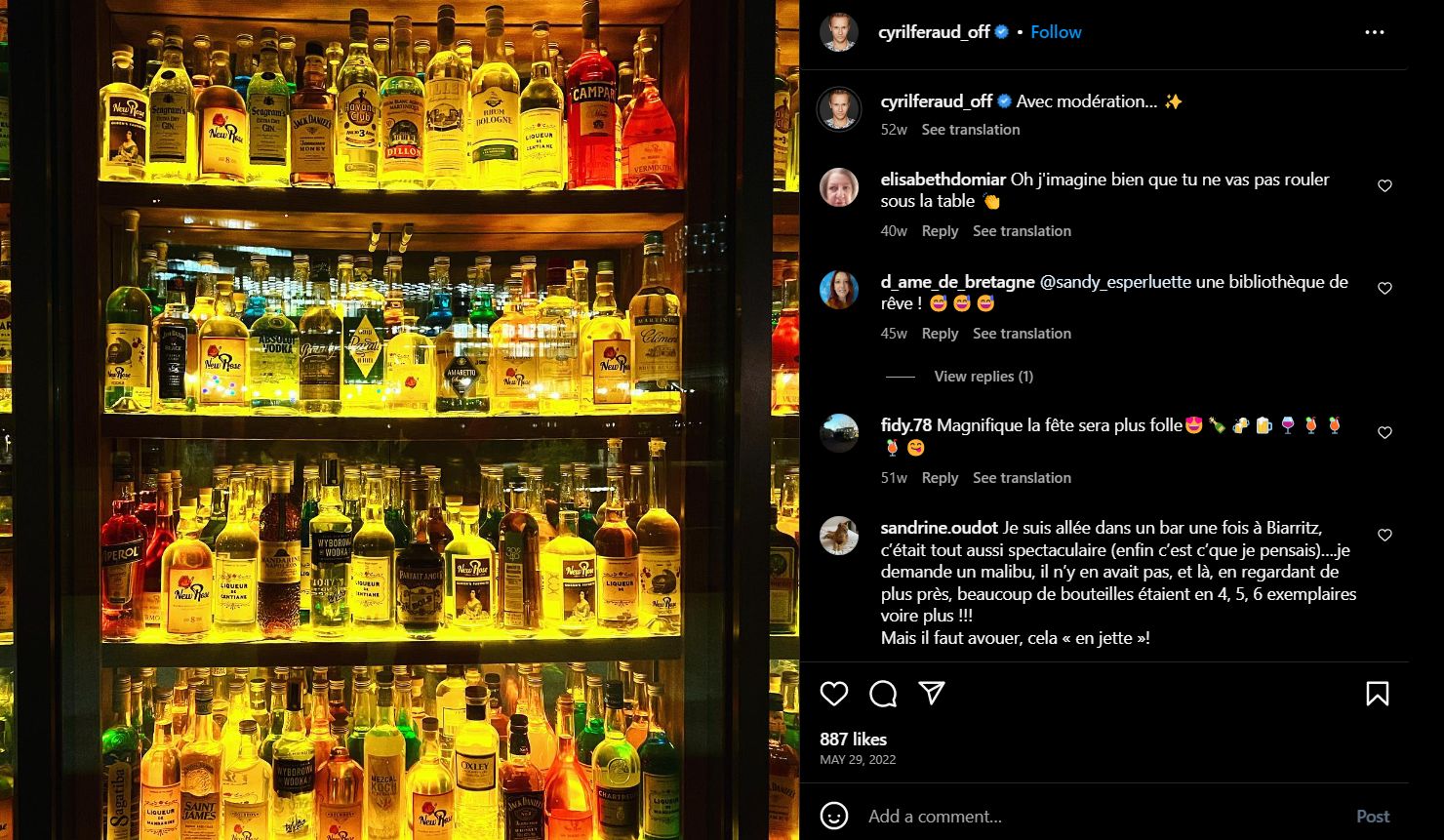 Cyril Féraud's Instagram post about how his love for alcohol