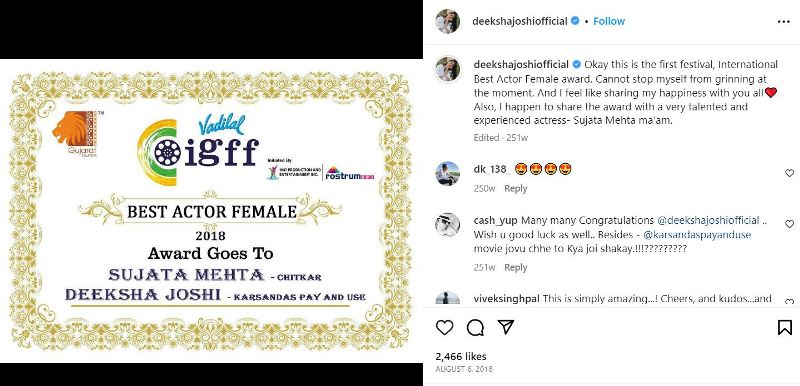 Deeksha Joshi's Instagram post about winning the International Gujarati Film Festival award