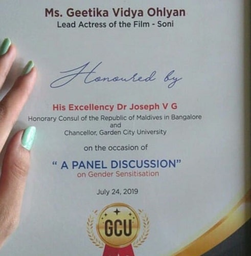 Geetika Vidya Ohlyan's certificate for the film Soni