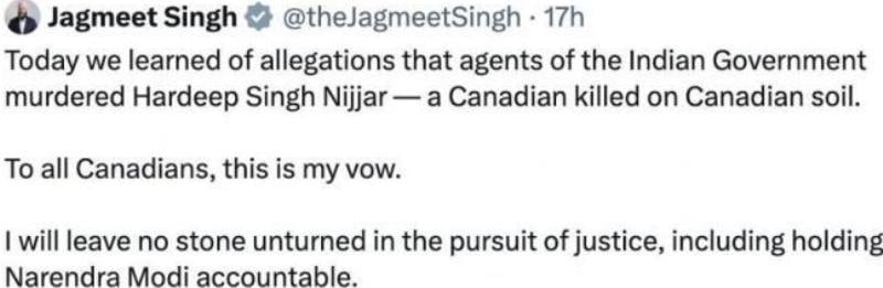 Jagmeet Singh's post on X about seeking justice for the killing of Hardeep Singh Nijjar