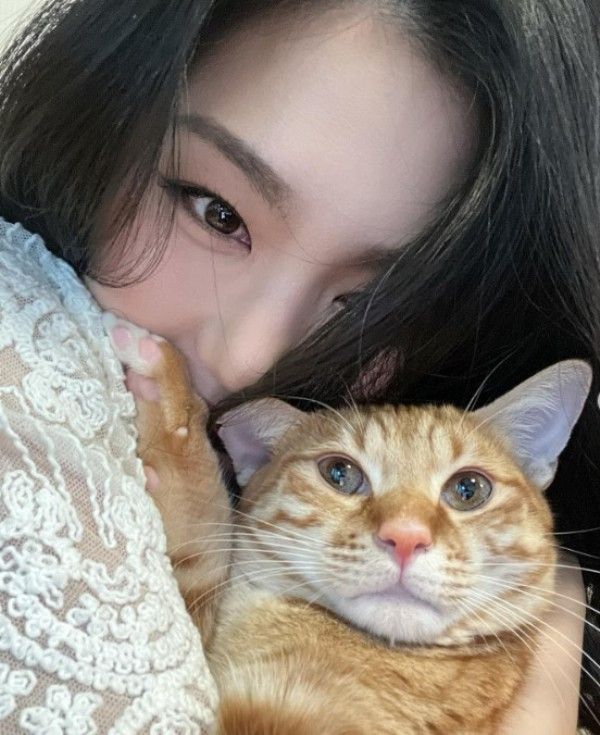 Park Soo Ryun playing with her pet cat, Kanto