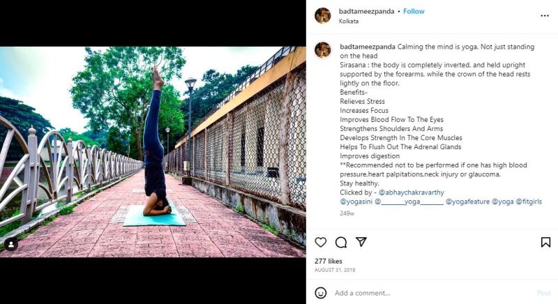 Priyanka Chaudhary's Instagram post in which she is practising yoga