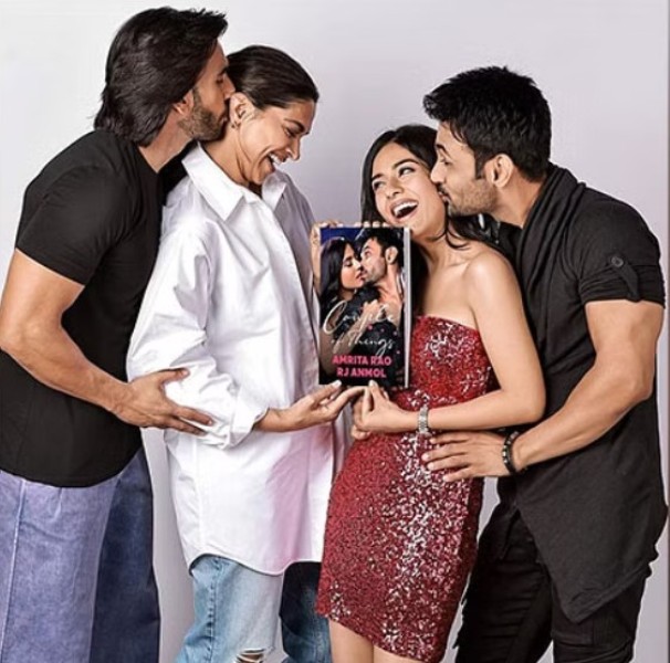 RJ Anmol, his wife, Amrita Rao, Deepika Padukone, Deepika's husband, Ranveer Singh during the launch of their book, Couple of Things (right to left)