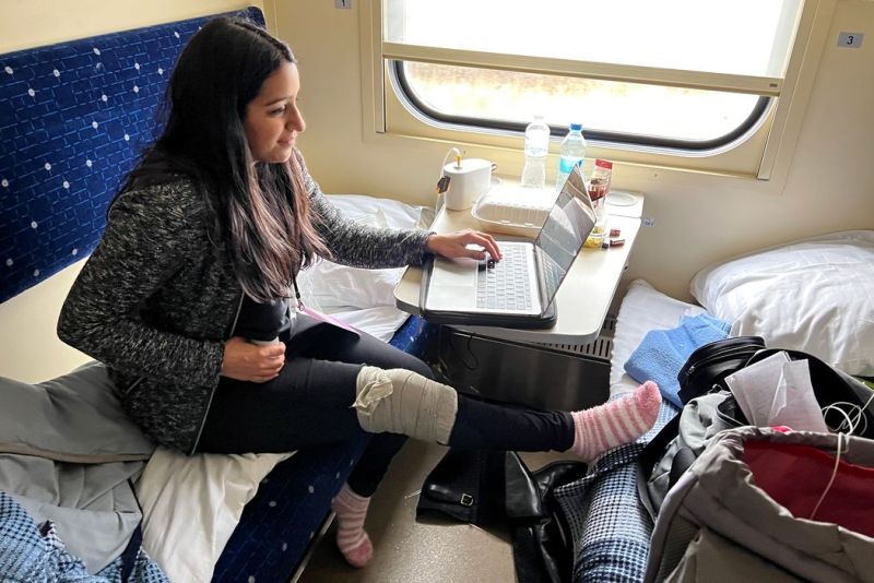 Sabrina Siddiqui pumping breast milk, working, and keeping her leg elevated after a fall at Mariinsky Palace while she was on the way back to Rzeszów, Poland, from Kyiv, Ukraine