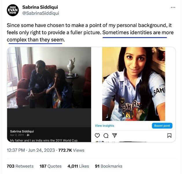 Sabrina Siddiqui's tweet emphasizing her affinity and connection to India