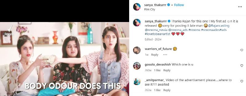 Sanya Thakur's Instagram post about being featured in a TV commercial for the brand 'Rexona'