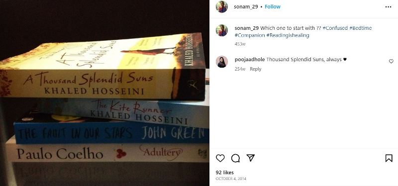 Sonam Bhattacharya’s Instagram post showcasing her book collection