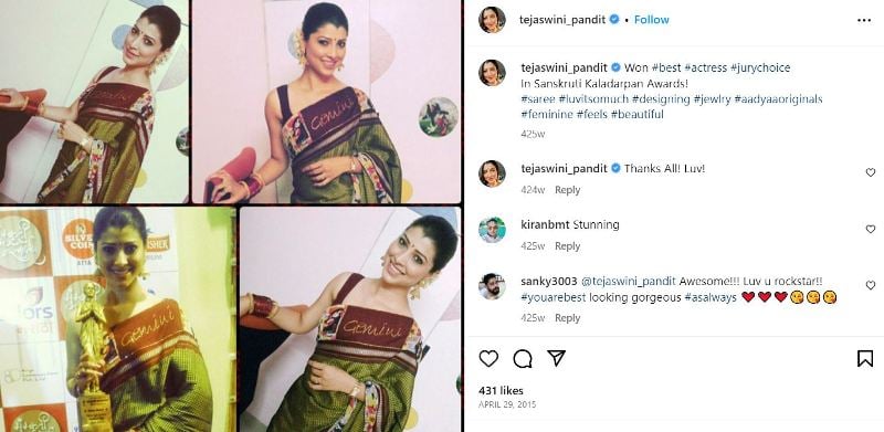 Tejaswini Pandit's Instagram post about winning the Sanskruti Kala Darpan Award