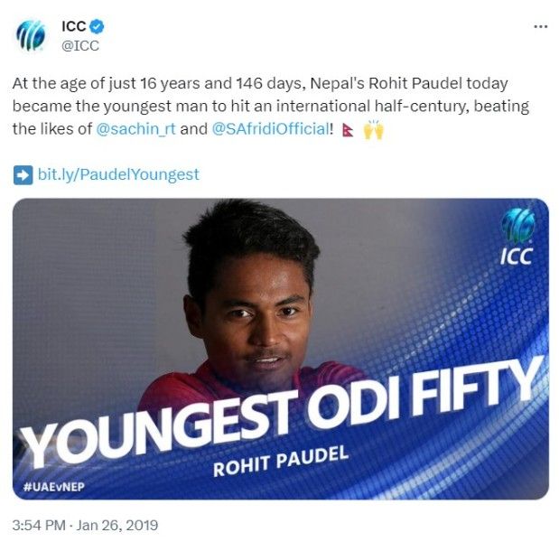 Tweet by ICC after Rohit Paudel became the youngest cricketer to score an international half-century