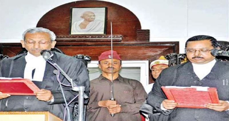 Chief Justice AK Goel administering the oath of office to Ujjal Bhuyan as a new judge of the Gauhati High Court in 2013