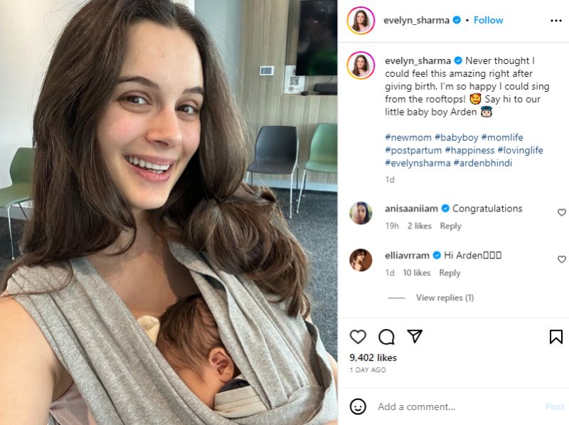 Evelyn Sharma's Instagram post about the birth of her son, Arden
