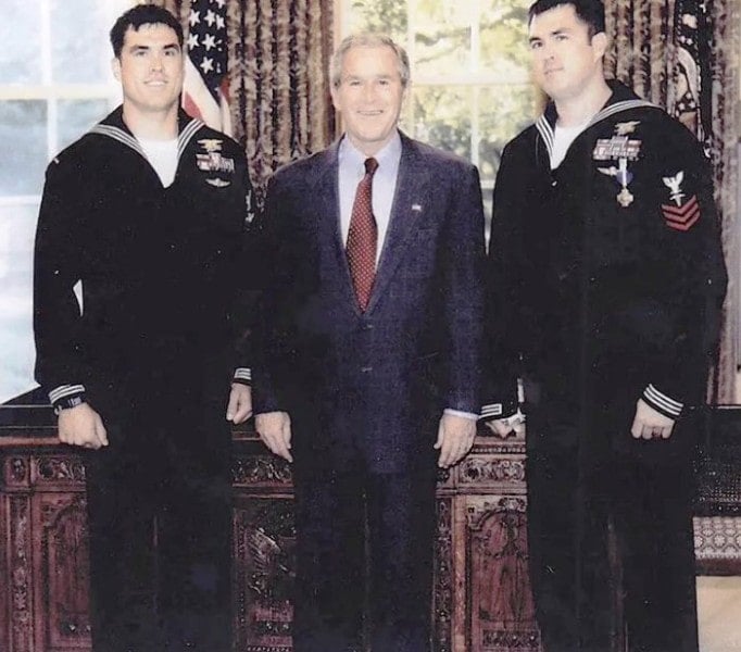Marcus Luttrell (right) and his twin brother with President George Bush