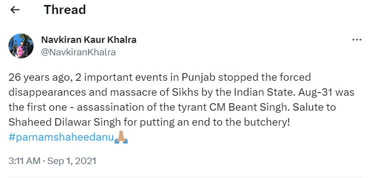 Navkiran Kaur Khalra’s tweet celebrating the assassination of CM Beant Singh and lauding Dilawar Singh Babbar’s contribution to end the massacre of Sikhs in Punjab