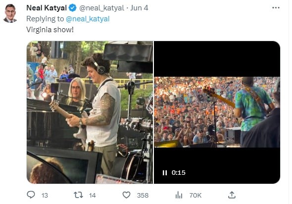 Neal Katyal's post on Twitter while attending a live music show in Virginia