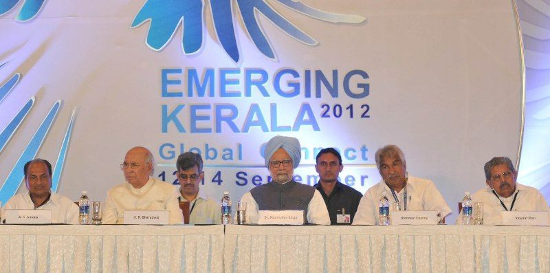 From left: A. K. Antony (Defence Minister), H.R. Bharadwaj (Governor of Kerala), Dr. Manmohan Singh (Prime Minister), Oommen Chandy (Chief Minister of Kerala), and Vayalar Ravi ( Union Minister for Overseas Indian Affairs, Micro, Small & Medium Enterprises, Science & Technology and Earth Sciences) at the inauguration of the ‘Emerging Kerala 2012 Global Connect’ summit