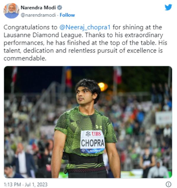 Prime Minister Narendra Modi's tweet after Neeraj Chopra won gold at the 2023 Lausanne Diamond League