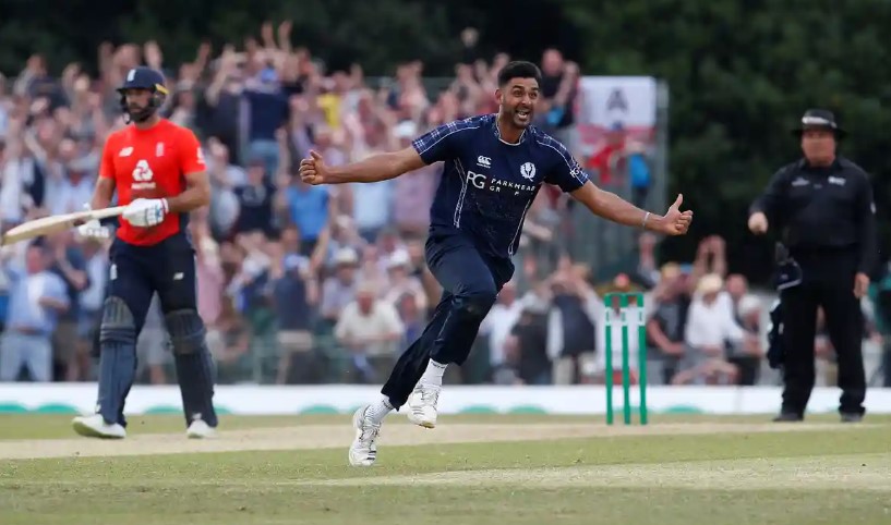 Safyaan Sharif celebrates the winning wicket against England in a single one-day international match in 2018