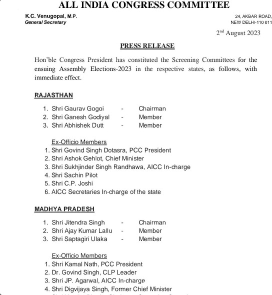 All India Congress Screening Committee list for Rajasthan Election 2023