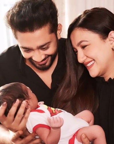 Gauahar Khan with her husband and son
