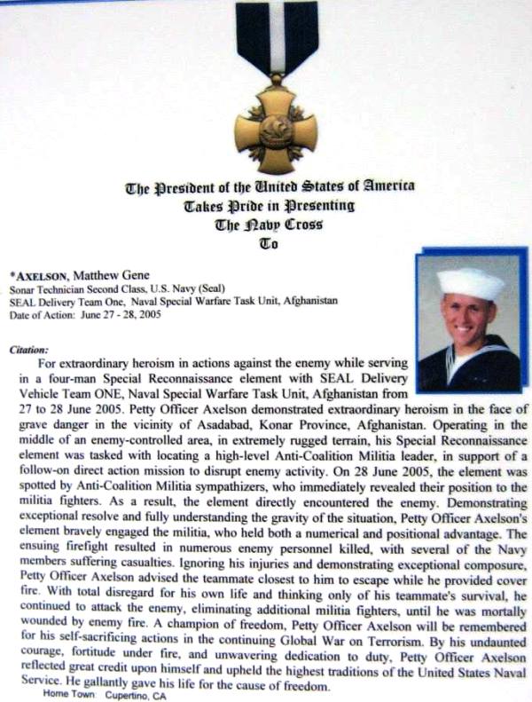 Matthew Axelson's Navy Cross citation