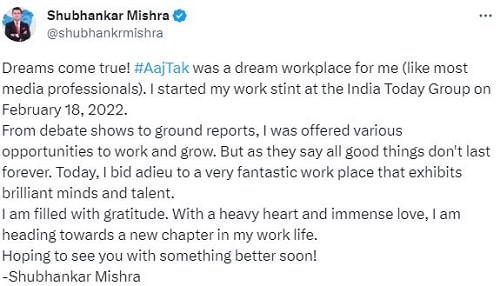 Shubhankar Mishra's Twitter post about leaving Aaj Tak