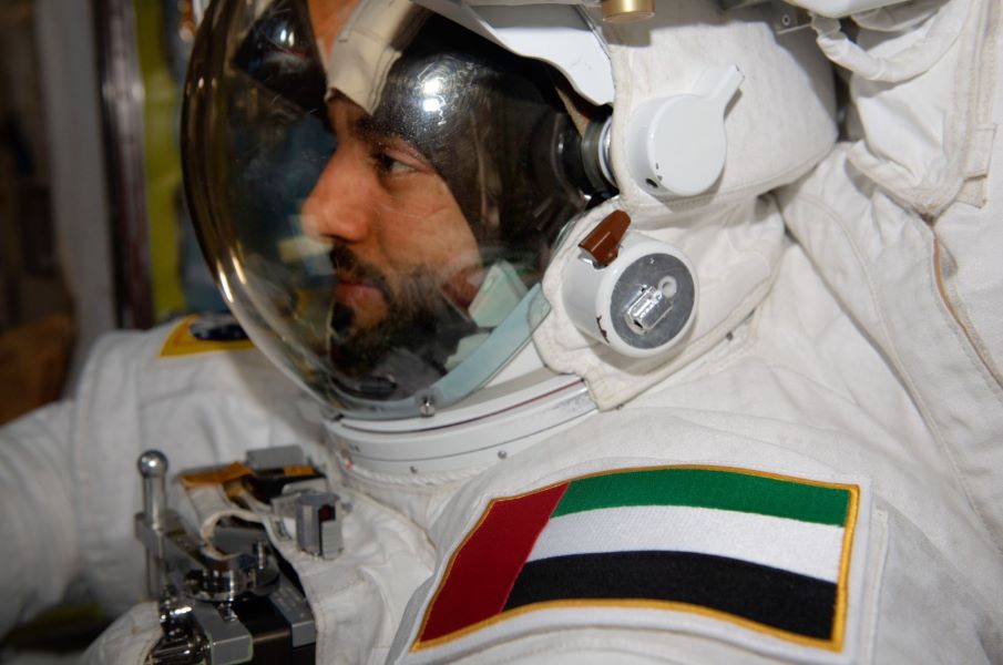 Sultan's photo taken in a space suit before his first spacewalk