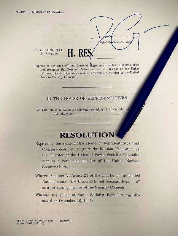 A photo of the resolution signed by Crenshaw in 2022
