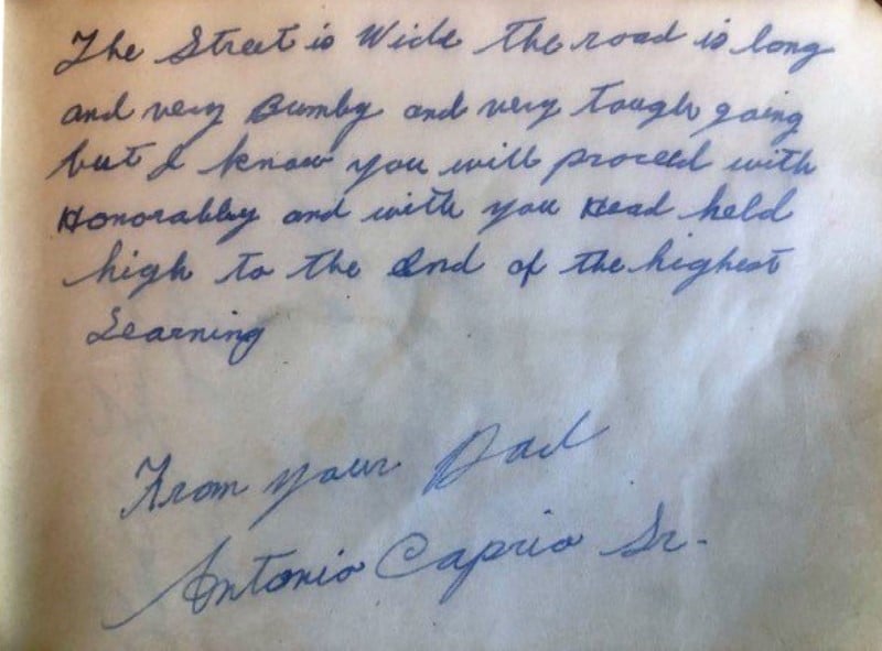 A picture of Antonio Caprio's letter to Frank Caprio