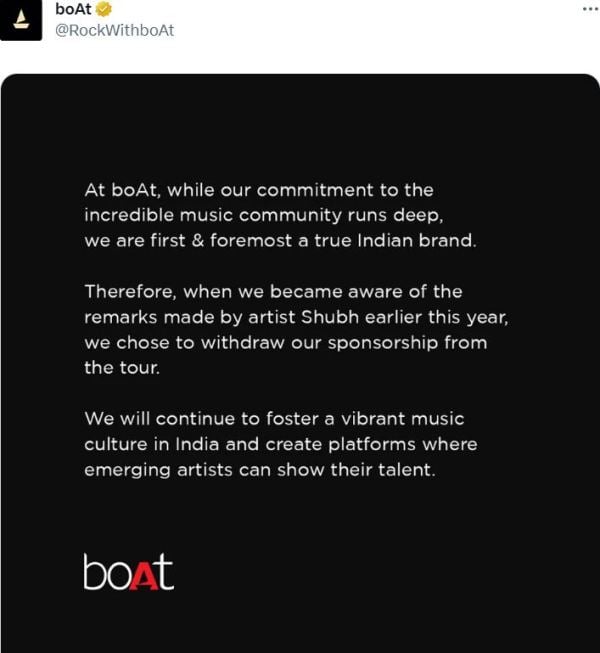 A post from BoAt on X over its withdrawl of sponsorship from Shubh's concert
