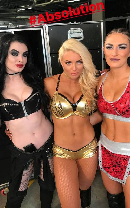 Saraya Bevis aka Paige, Mandy Rose, and Sonya Deville (left to right)