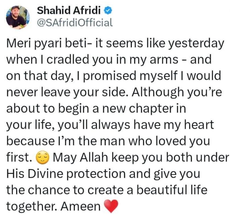 Shahid Afridi’s social media message for Aqsa Afridi