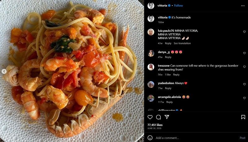 Vittoria Ceretti's Instagram post about her non-vegetarian meal