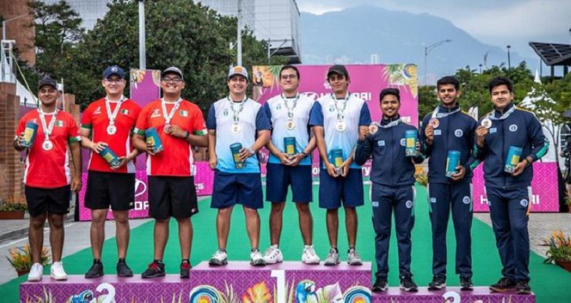 Abhishek Verma (entreme right) posing with his team after winning bronze medal in Archery World Cup 2023 at Medellin