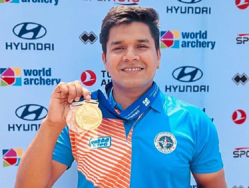 Abhishek Verma posing with his medals at the 2022 Archery World Cup in Gwangju