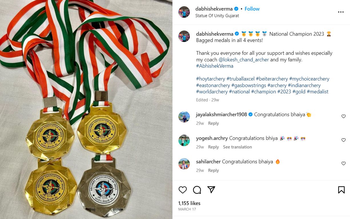 Abhishek Verma's Instagram post about winning four medals in National Championship