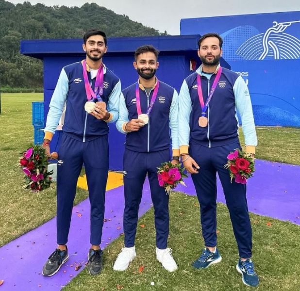 Angad Vir Singh Bajwa, along with his team, after winning bronze at 2023 Asian Games