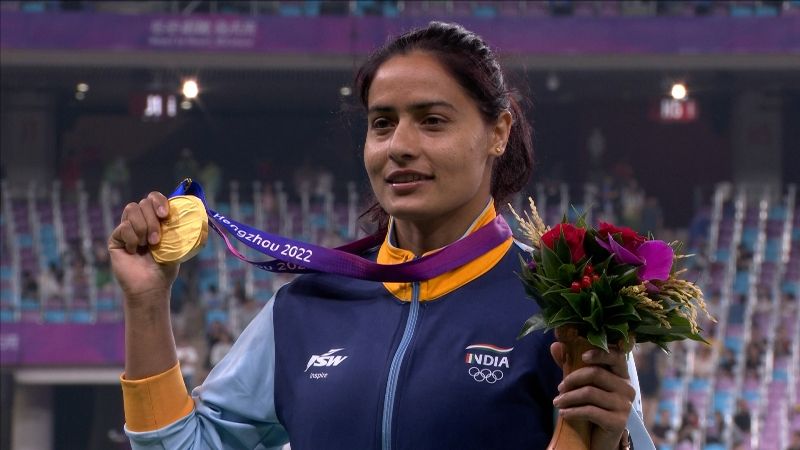 Annu Rani after winning gold at the 2023 Asian Games