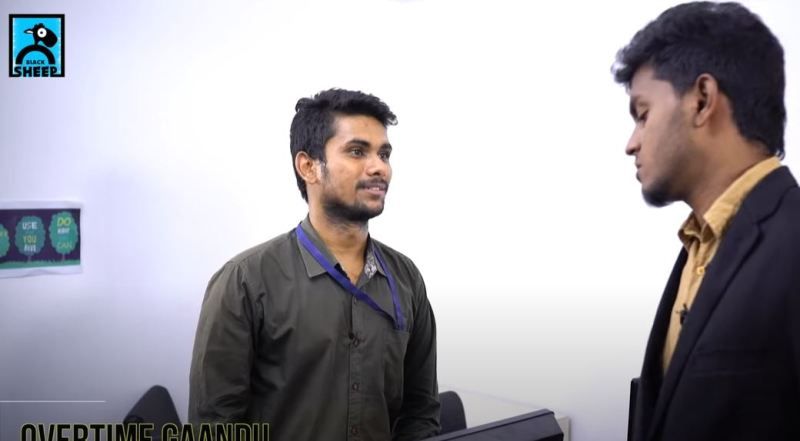 Aravind Seiju (left) in a still from the YouTube video 'Gaandu Moments in Office'