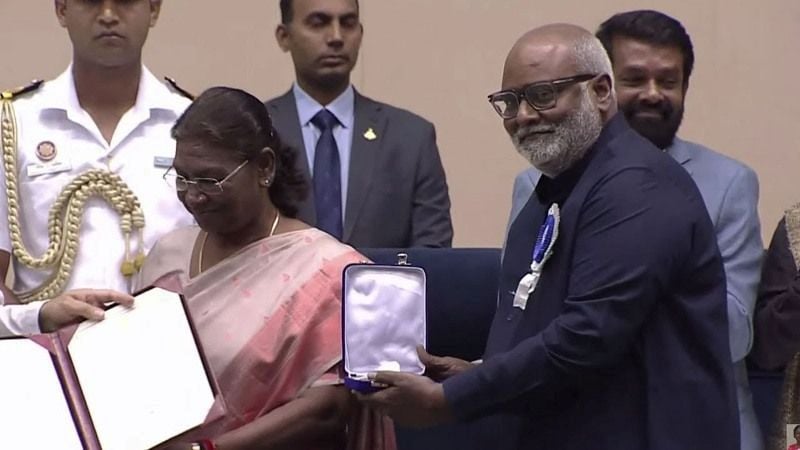 M. M. Keeravani while receiving the National Film Award from the President of India Droupadi Murmu