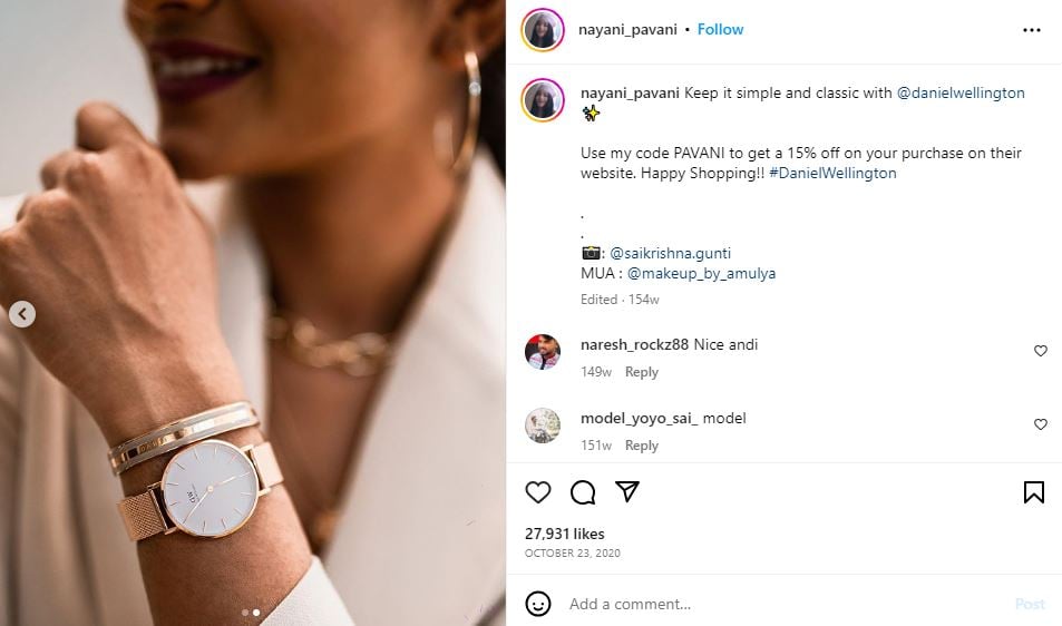 Nayani Pavani promoting Daniel Wellington watches on Instagram