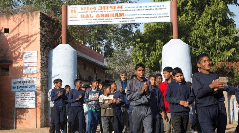 Rescued school children outside the Bal Ashram