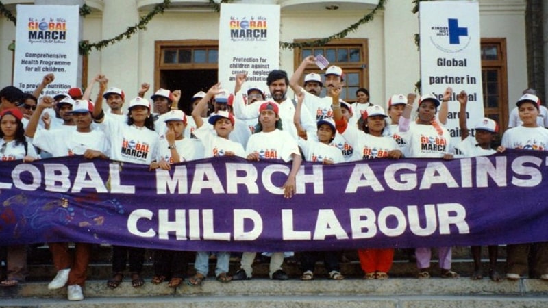 Satyarthi with school-going kids during the Global March Against Child Labour